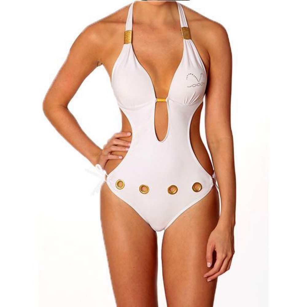 White bikini swimsuit with pushup cups metal accessories- Medium size